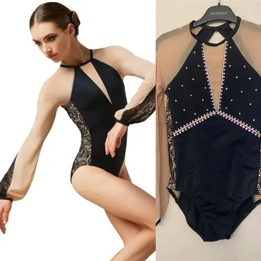 Weissman solo Dance costume Lace Poet Leotard nude illusion MT10318 black tan LC